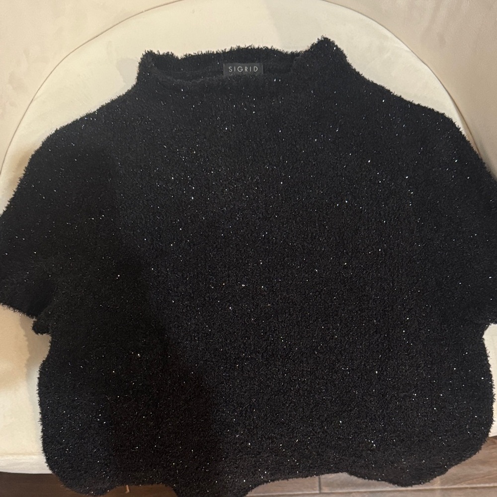 Sigrid Olsen Black Fuzzy Sparkly Short Sleeve Sweater Size Medium, Women’s